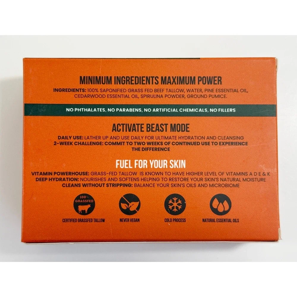 Beast Mode Soap Tallow‎ Soap Mens 4.5oz Orange Paleo Pine Grass Fed Beef Tallow
